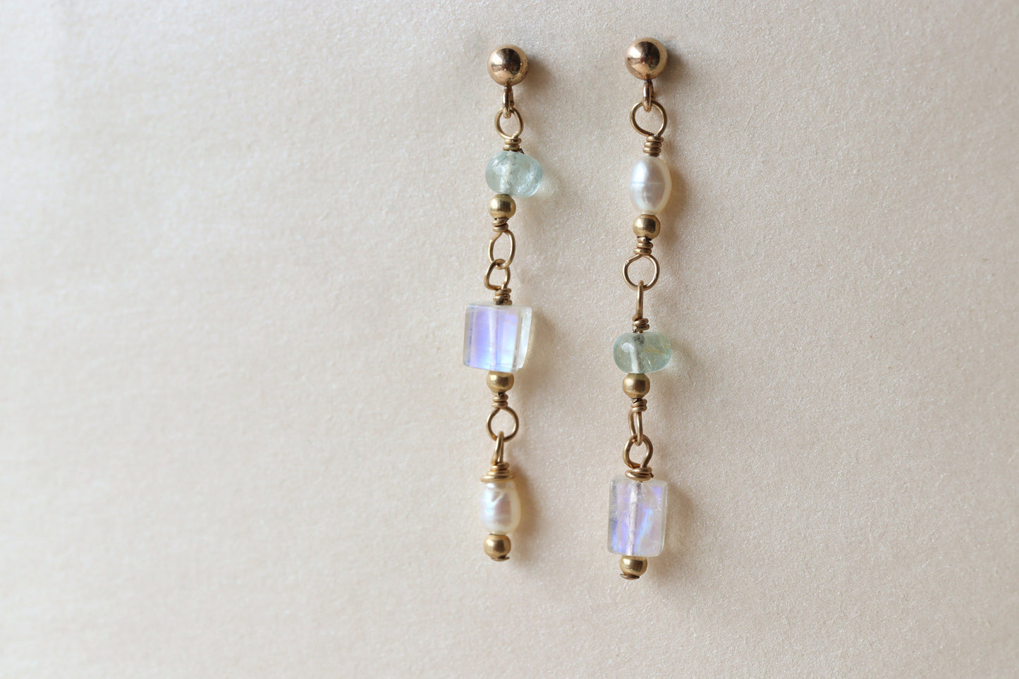 Aretes Mariana OOAK Moonstone, Perla y Aguamarina